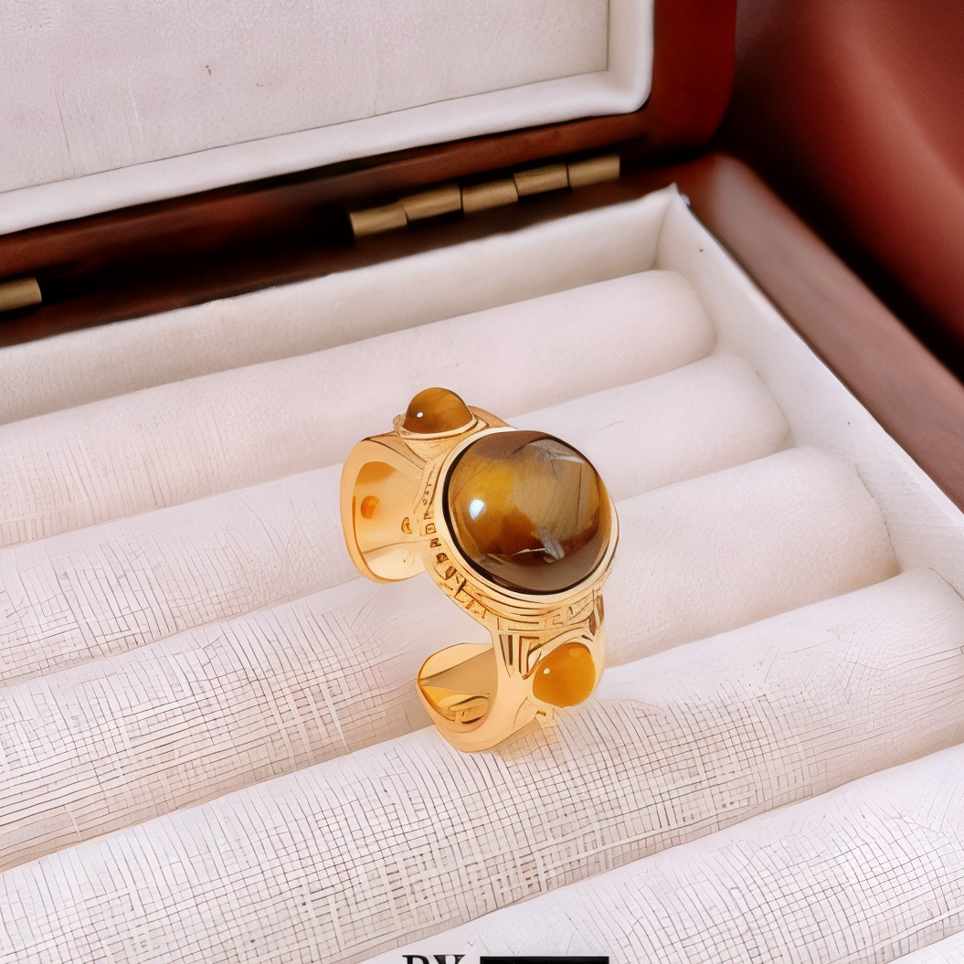 Vintage Gold Plated Tiger's Eye Open Ring For Women | Adjustable Beaded Edge Finger Ring