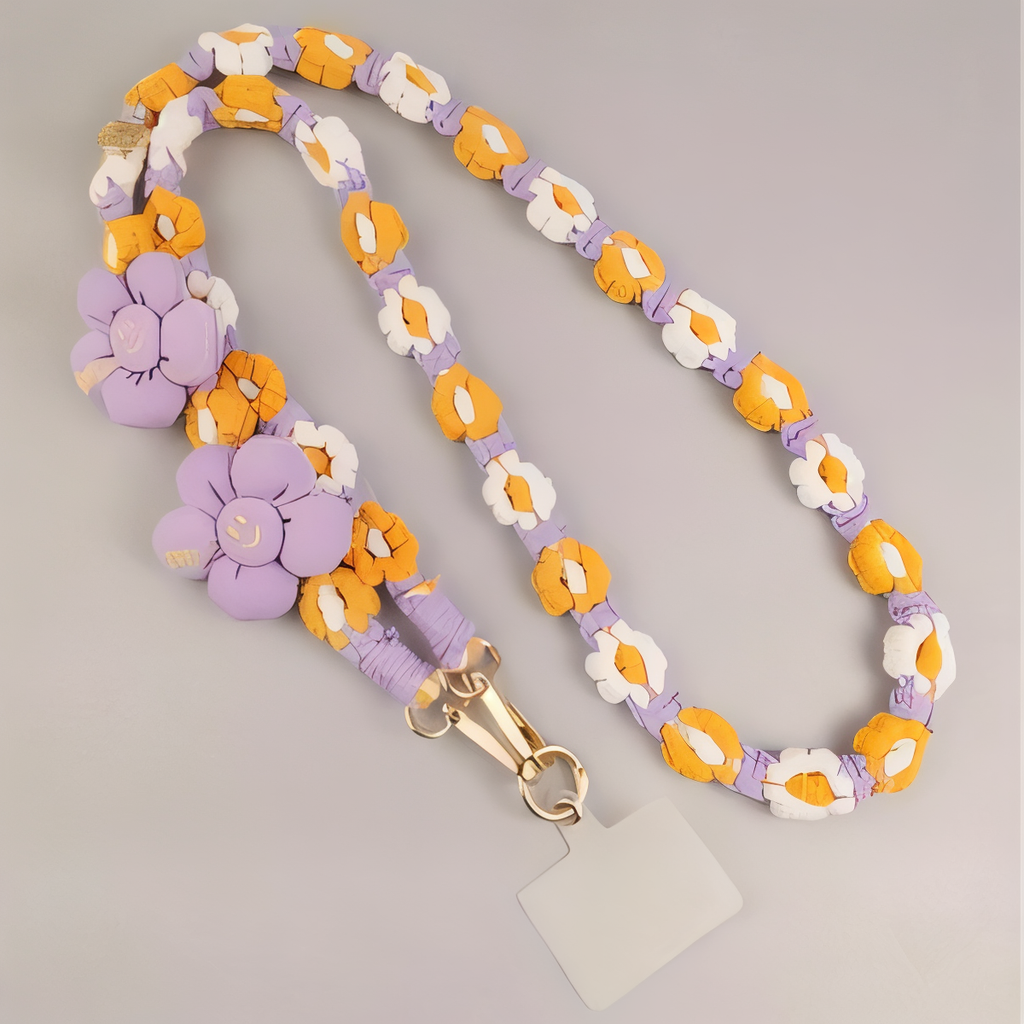 Handmade Woven Crossbody Mobile Strap with Smile Flower Charm & Metal Hook