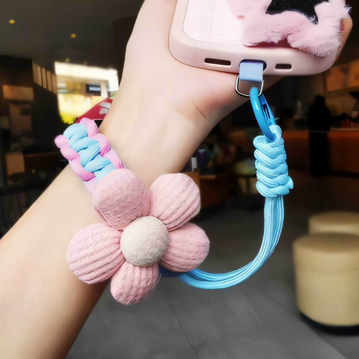 Handmade Braided Phone Lanyard Wrist Strap with Plush Flower Charm