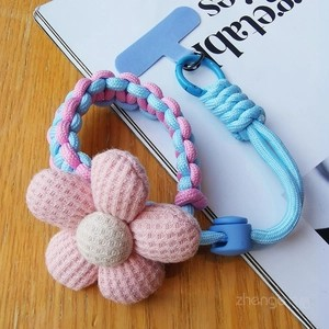 Handmade Braided Phone Lanyard Wrist Strap with Plush Flower Charm