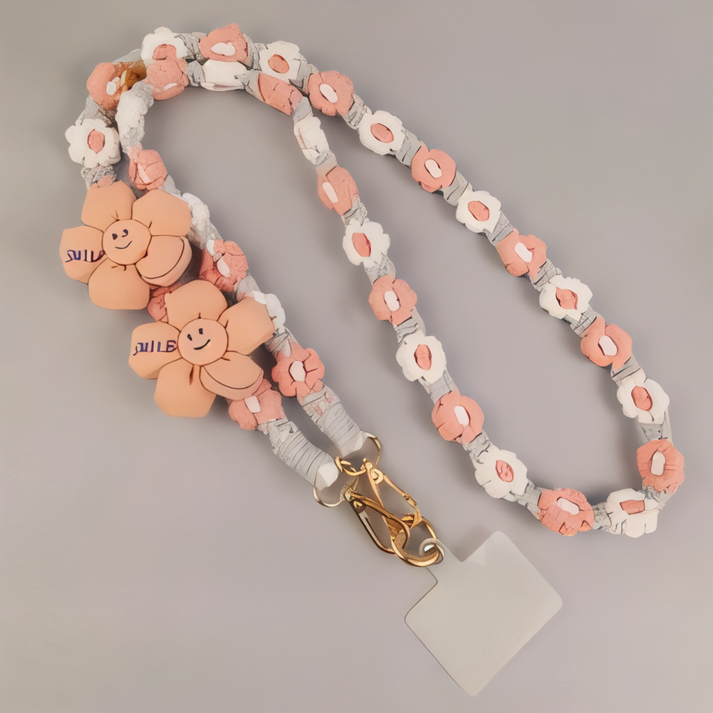 Handmade Woven Crossbody Mobile Strap with Smile Flower Charm & Metal Hook