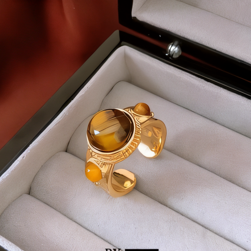 Vintage Gold Plated Tiger's Eye Open Ring For Women | Adjustable Beaded Edge Finger Ring