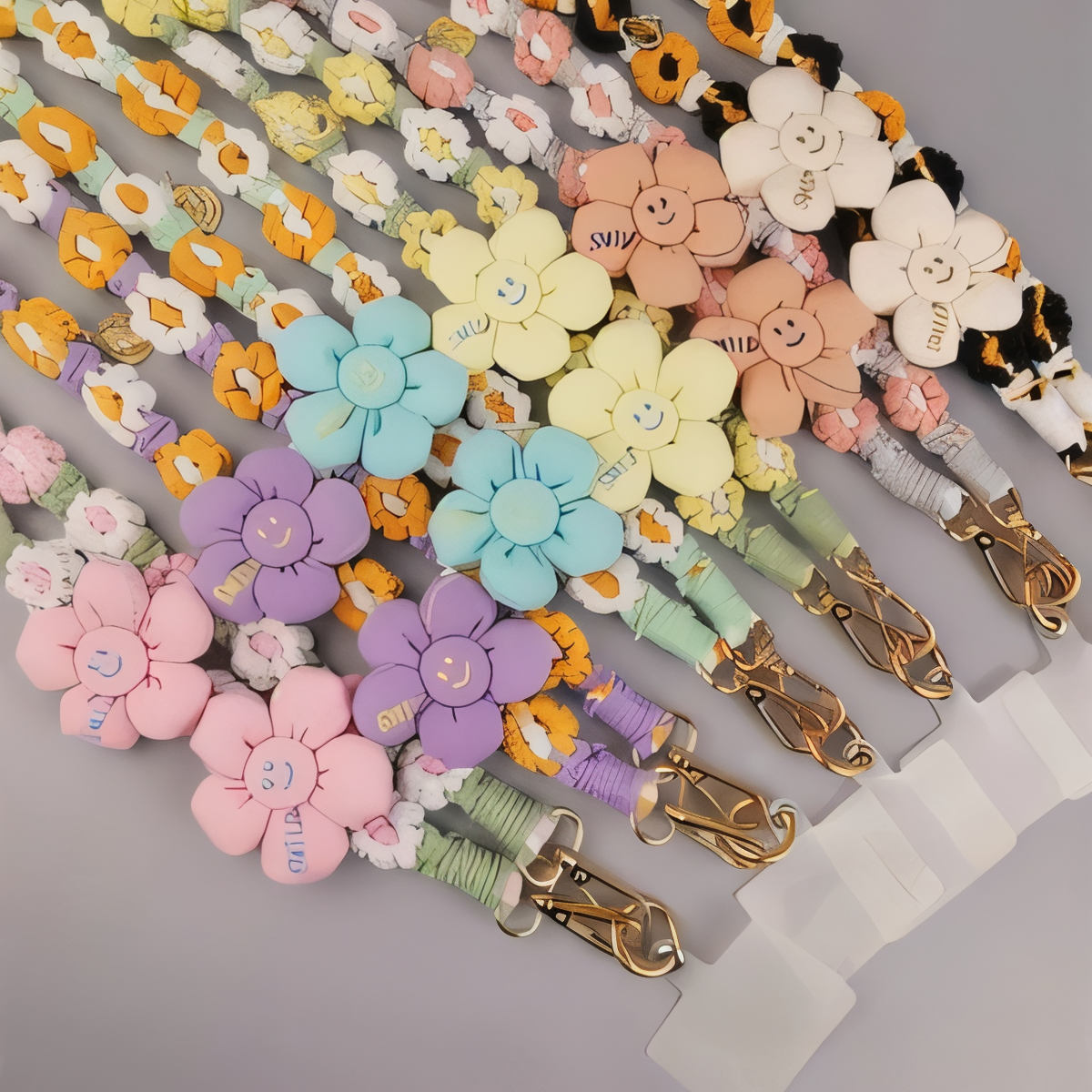 Handmade Woven Crossbody Mobile Strap with Smile Flower Charm & Metal Hook