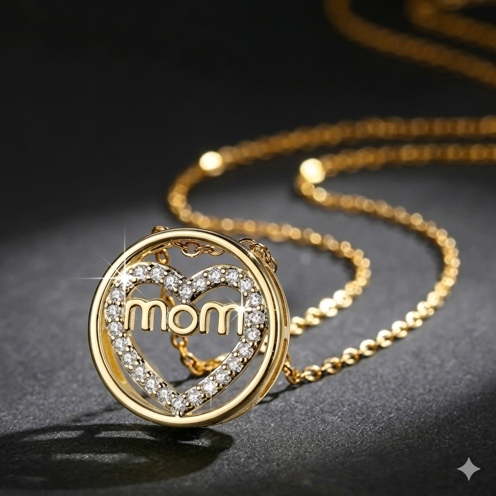 Mom Heart Gold Necklace with Cubic Zirconia