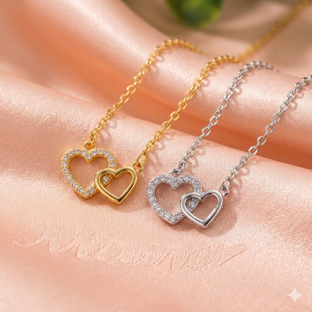 Cute Rhinestone Double Heart Necklace for Women
