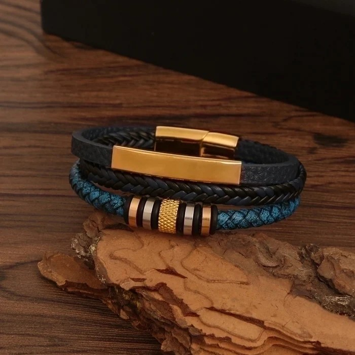 Men’s Stainless Steel Leather Magnetic Bracelet
