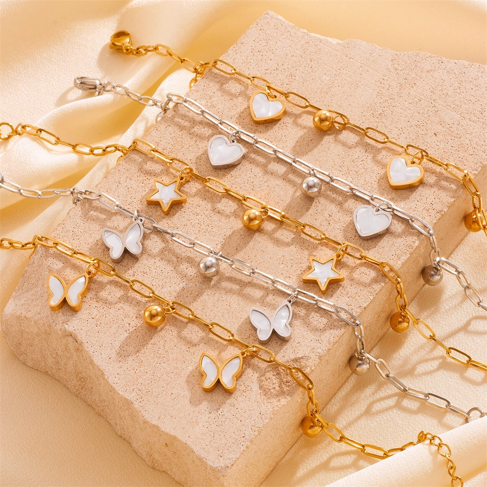 Sweet Star Heart Butterfly Anklet – 18K Gold Plated Titanium Steel Acrylic Inlay Jewelry for Women