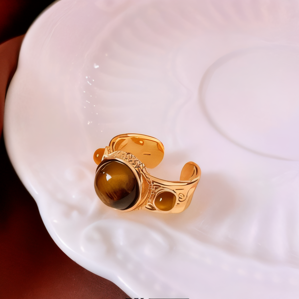 Vintage Gold Plated Tiger's Eye Open Ring For Women | Adjustable Beaded Edge Finger Ring