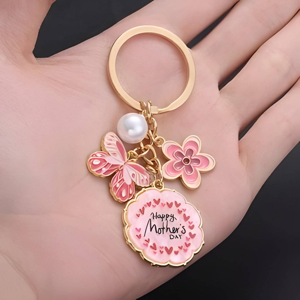 Butterfly Flower Keychain Enamel Pearl Heart Gold Key Ring for Mom