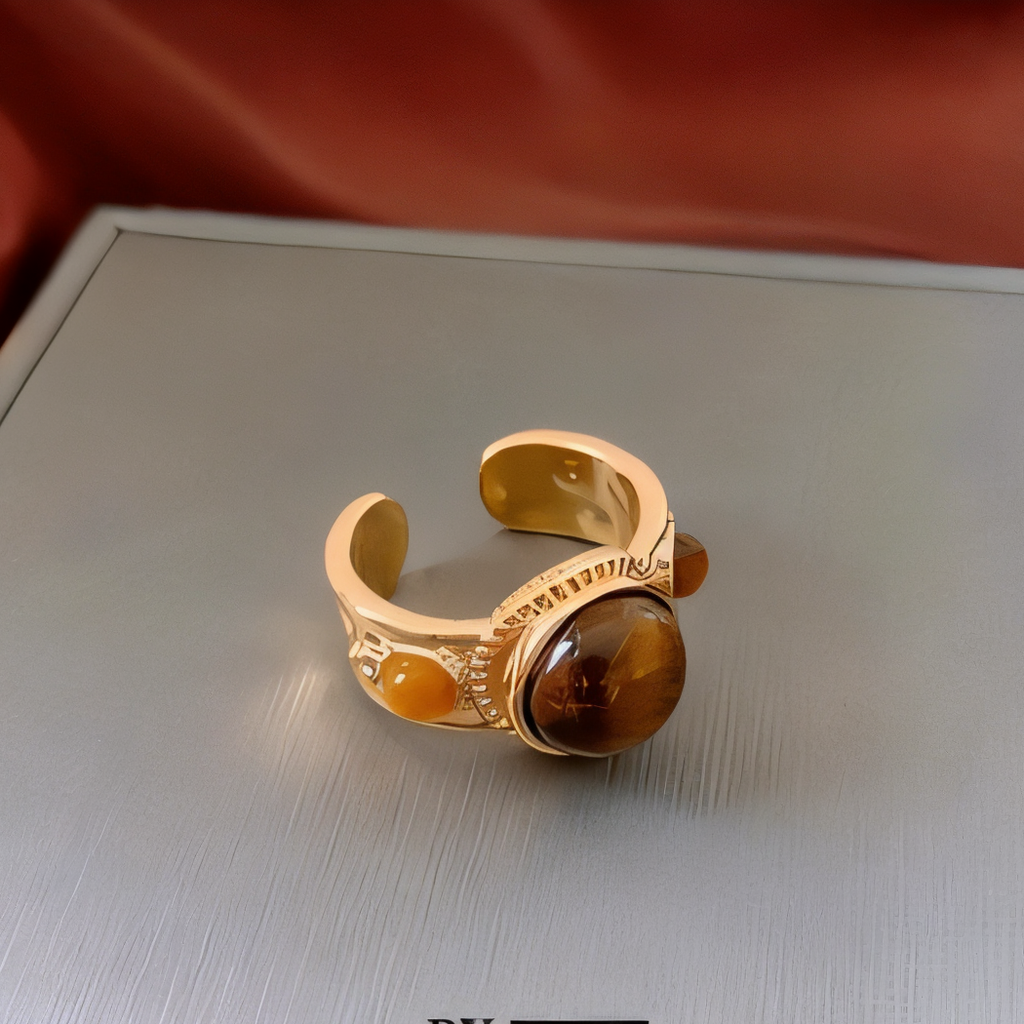 Vintage Gold-Plated Adjustable Tiger's Eye Open Ring for Women