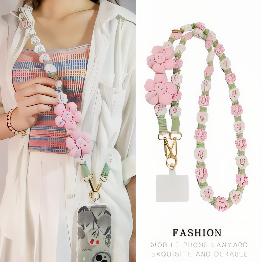Handmade Woven Crossbody Mobile Strap with Smile Flower Charm & Metal Hook