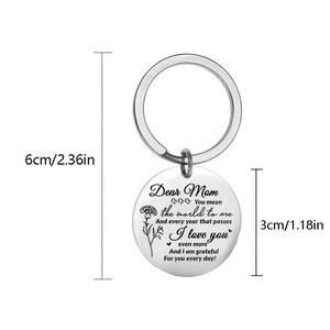 Dear Mom Engraved Round Tag with Pink Flower Keychain