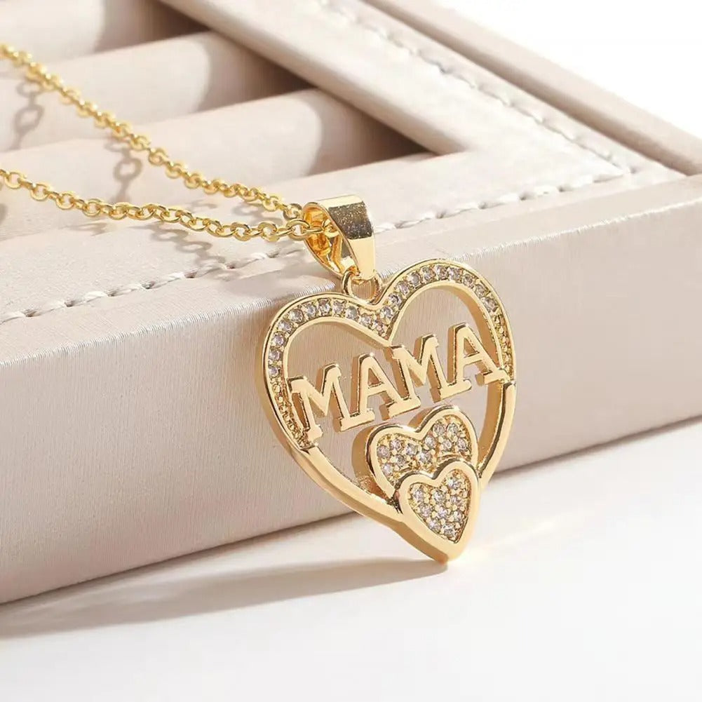 Mama Rhinestone Heart Necklace Elegant Pendant