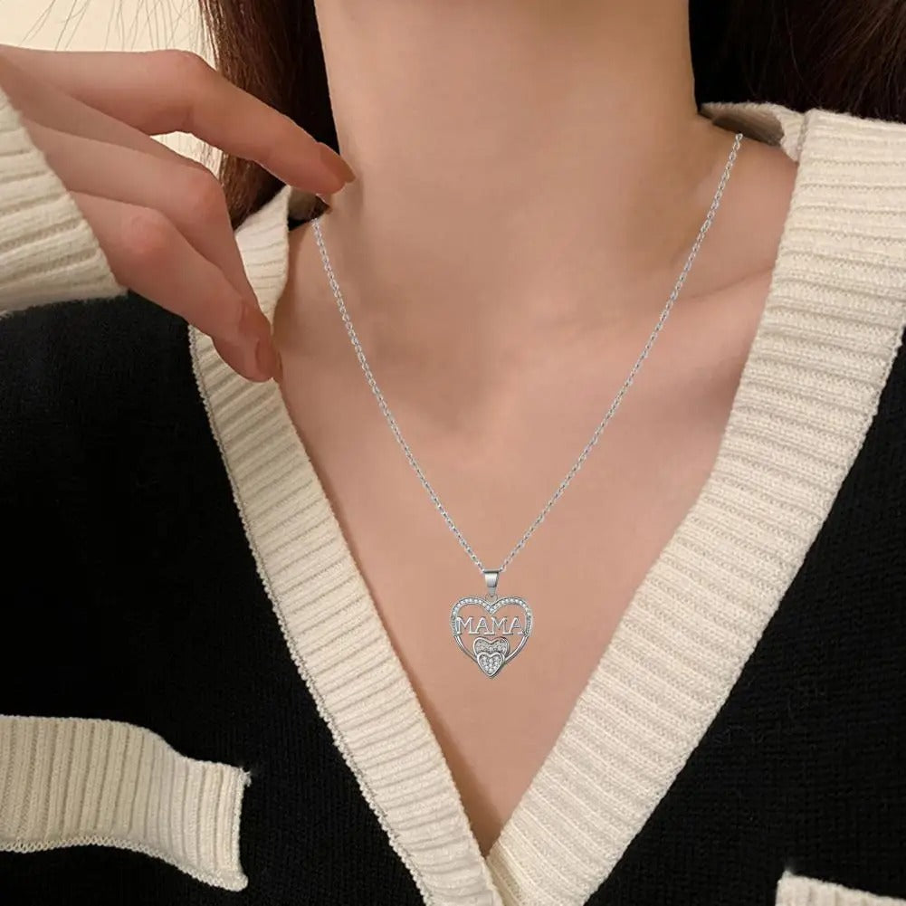 Mama Rhinestone Heart Necklace Elegant Pendant
