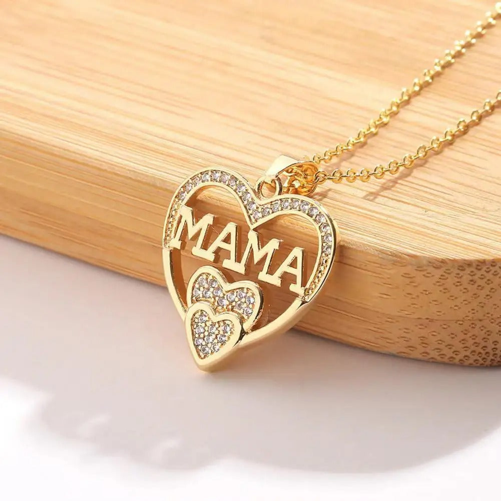 Mama Rhinestone Heart Necklace Elegant Pendant
