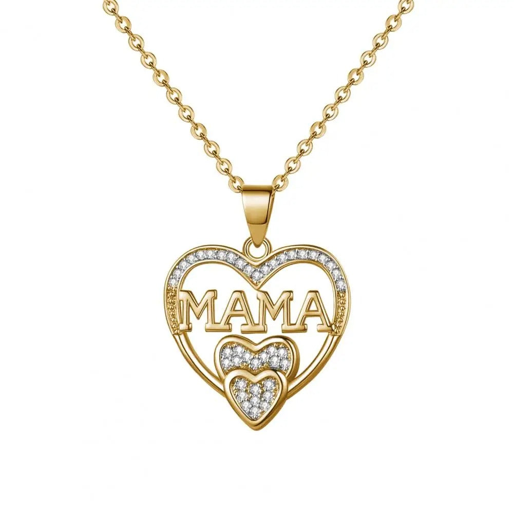 Mama Rhinestone Heart Necklace Elegant Pendant