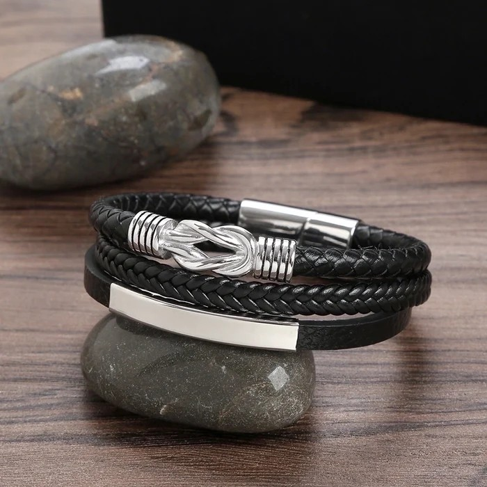 Men’s Stainless Steel & PU Leather Magnetic Bracelet