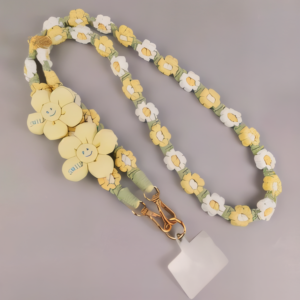 Handmade Woven Crossbody Mobile Strap with Smile Flower Charm & Metal Hook