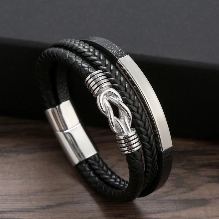 Men’s Stainless Steel & PU Leather Magnetic Bracelet