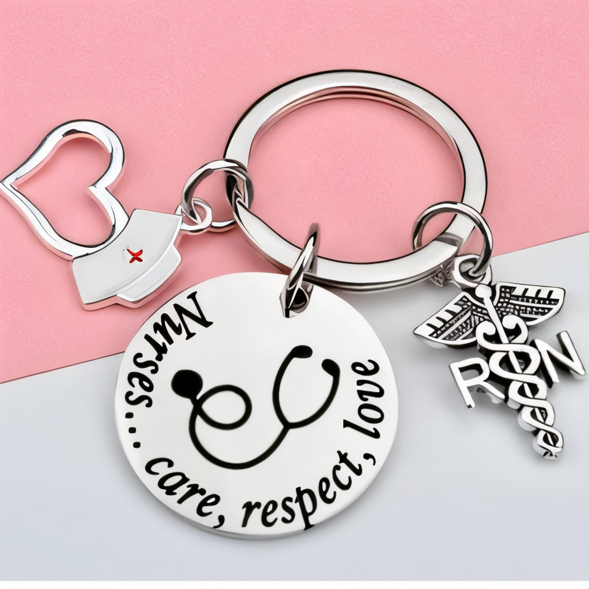 Stethoscope RN Nurse Heart Charm Keychain