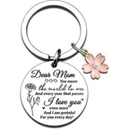 Dear Mom Engraved Round Tag with Pink Flower Keychain