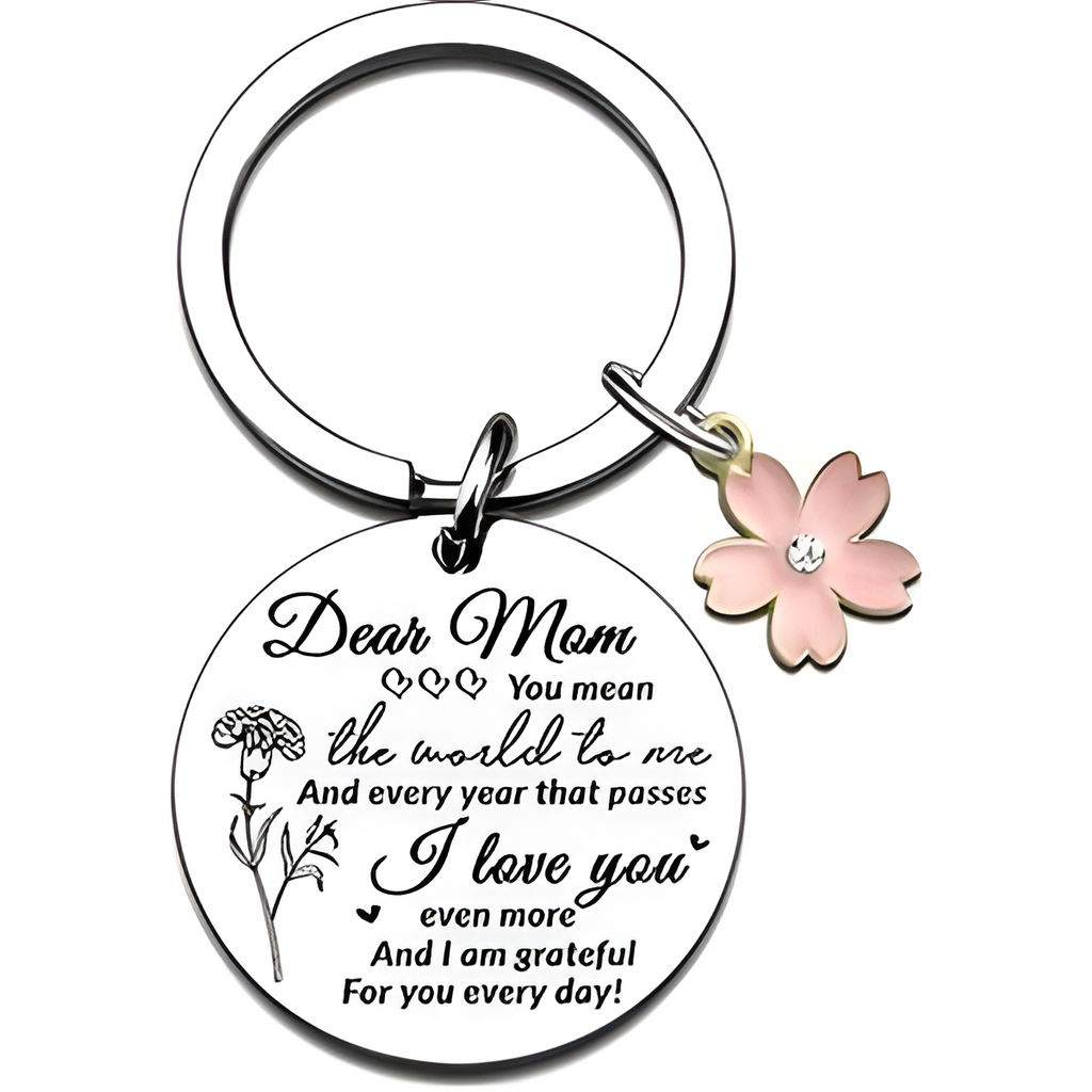 Dear Mom Engraved Round Tag with Pink Flower Keychain