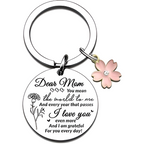 Dear Mom Engraved Round Tag with Pink Flower Keychain
