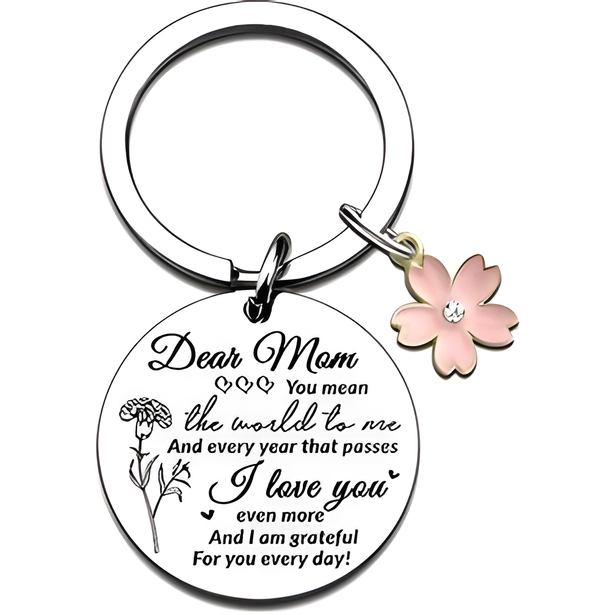 Dear Mom Engraved Round Tag with Pink Flower Keychain