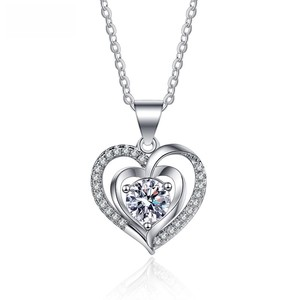Heart Pendant Necklace Zirconia Double Layer Cross Chain