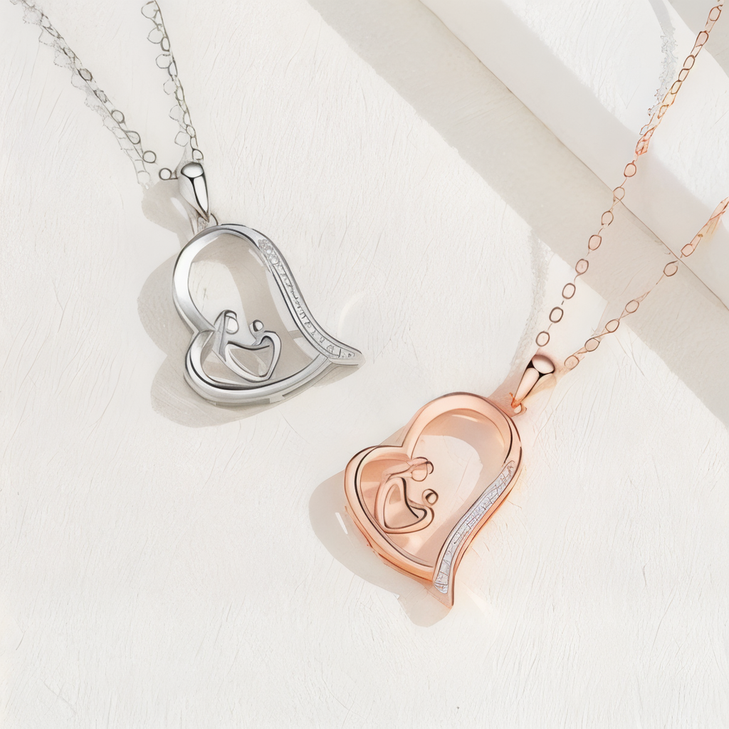 Sterling Silver Mother & Child Heart Pendant Zirconia