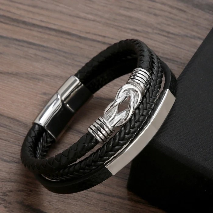 Men’s Stainless Steel & PU Leather Magnetic Bracelet
