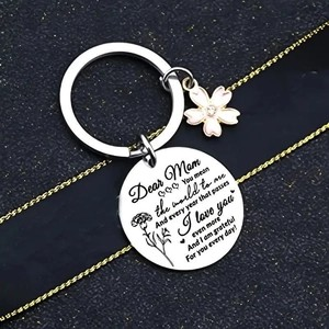 Dear Mom Engraved Round Tag with Pink Flower Keychain