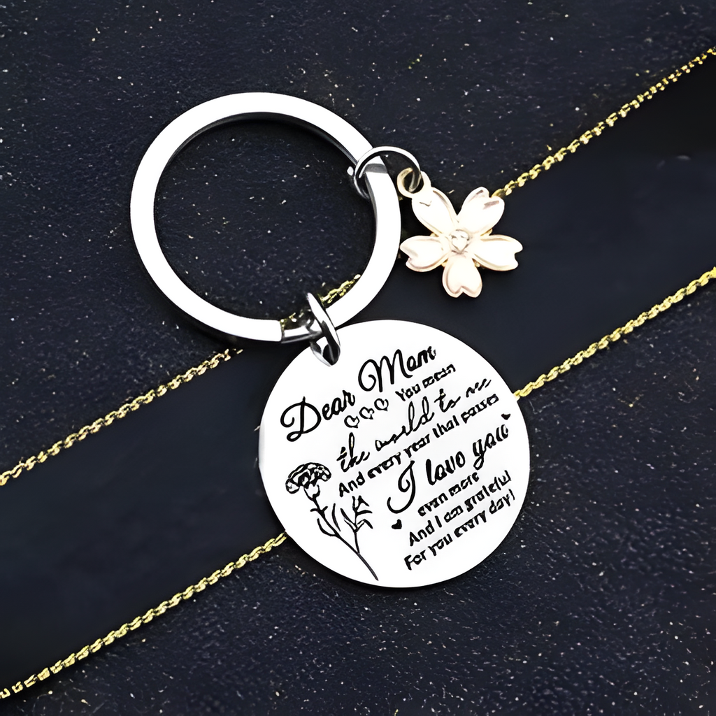 Dear Mom Engraved Round Tag with Pink Flower Keychain