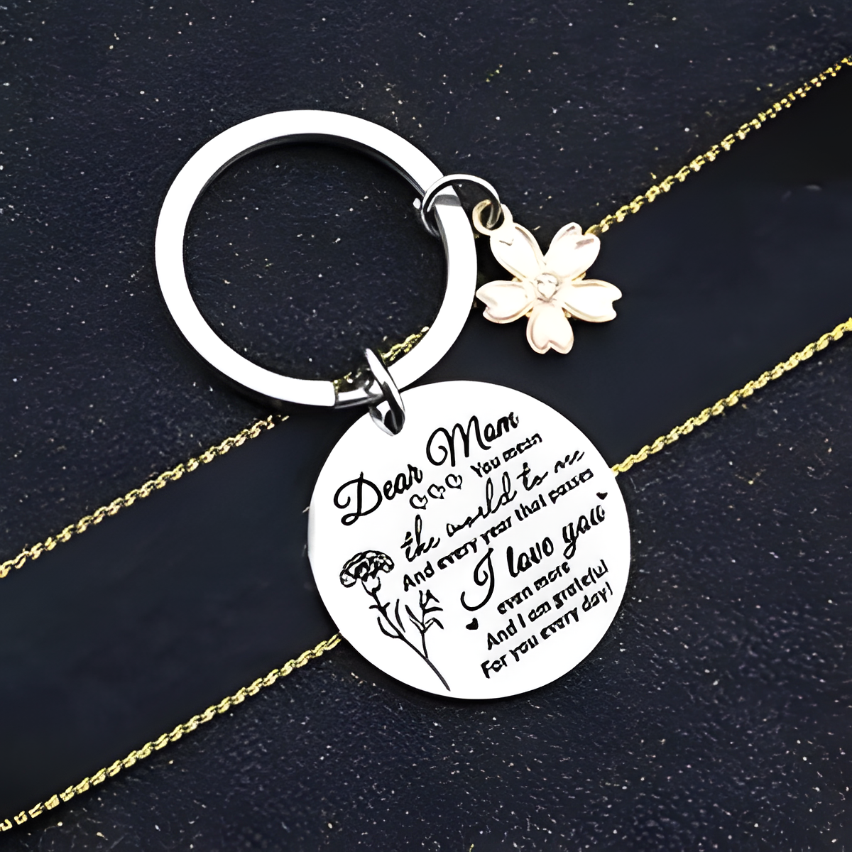 Dear Mom Engraved Round Tag with Pink Flower Keychain