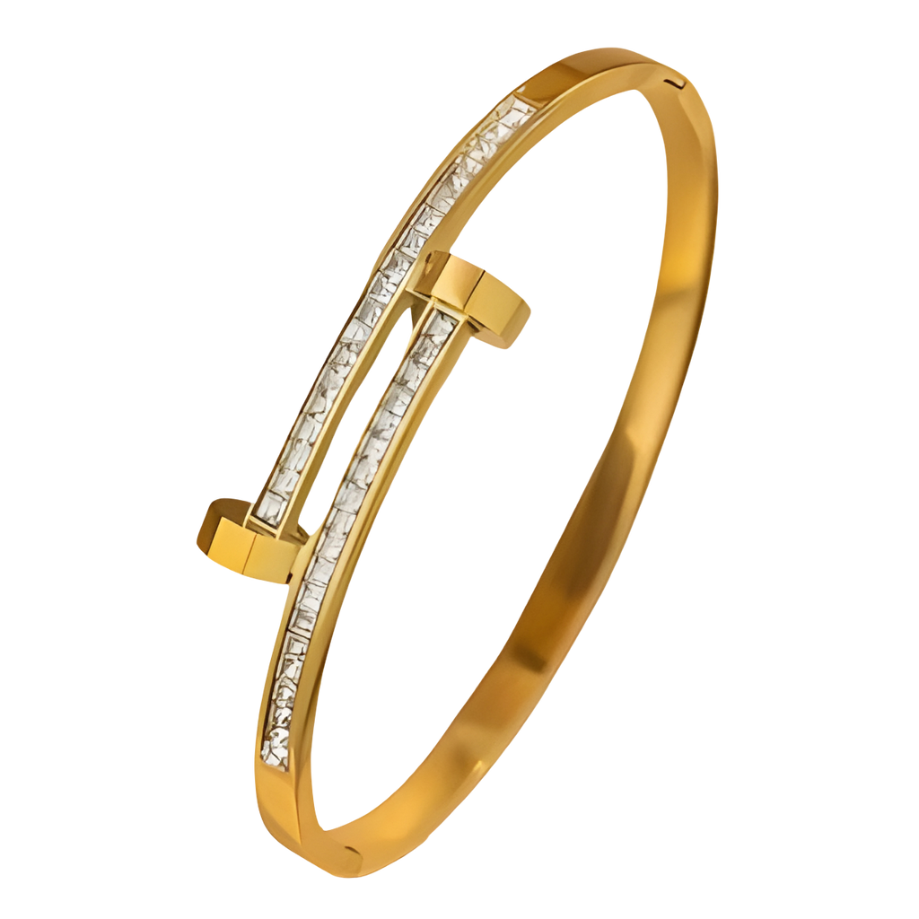 18K Gold Rhinestone Heart, Clover, T & Star Open Cuff