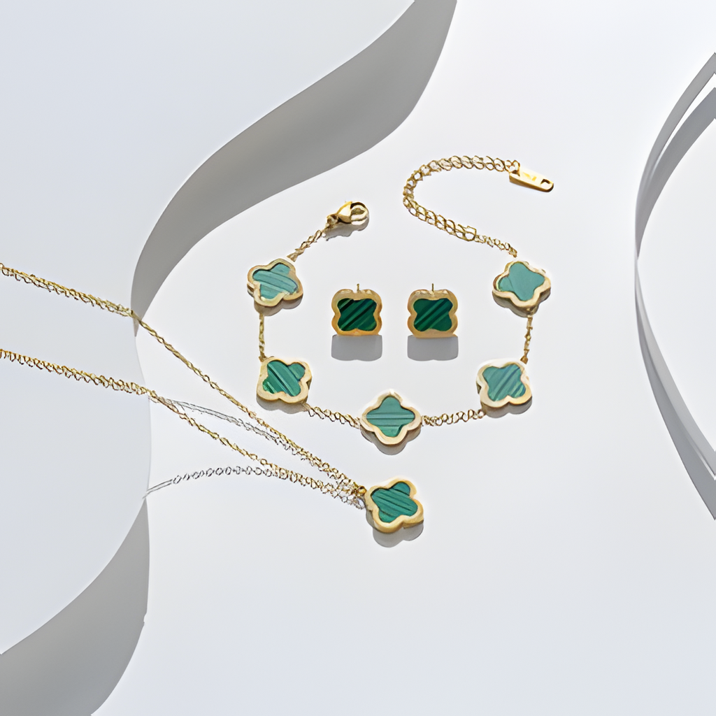Gold Plated Women’s Flower Jewelry Set Necklace, Bracelet, Earring