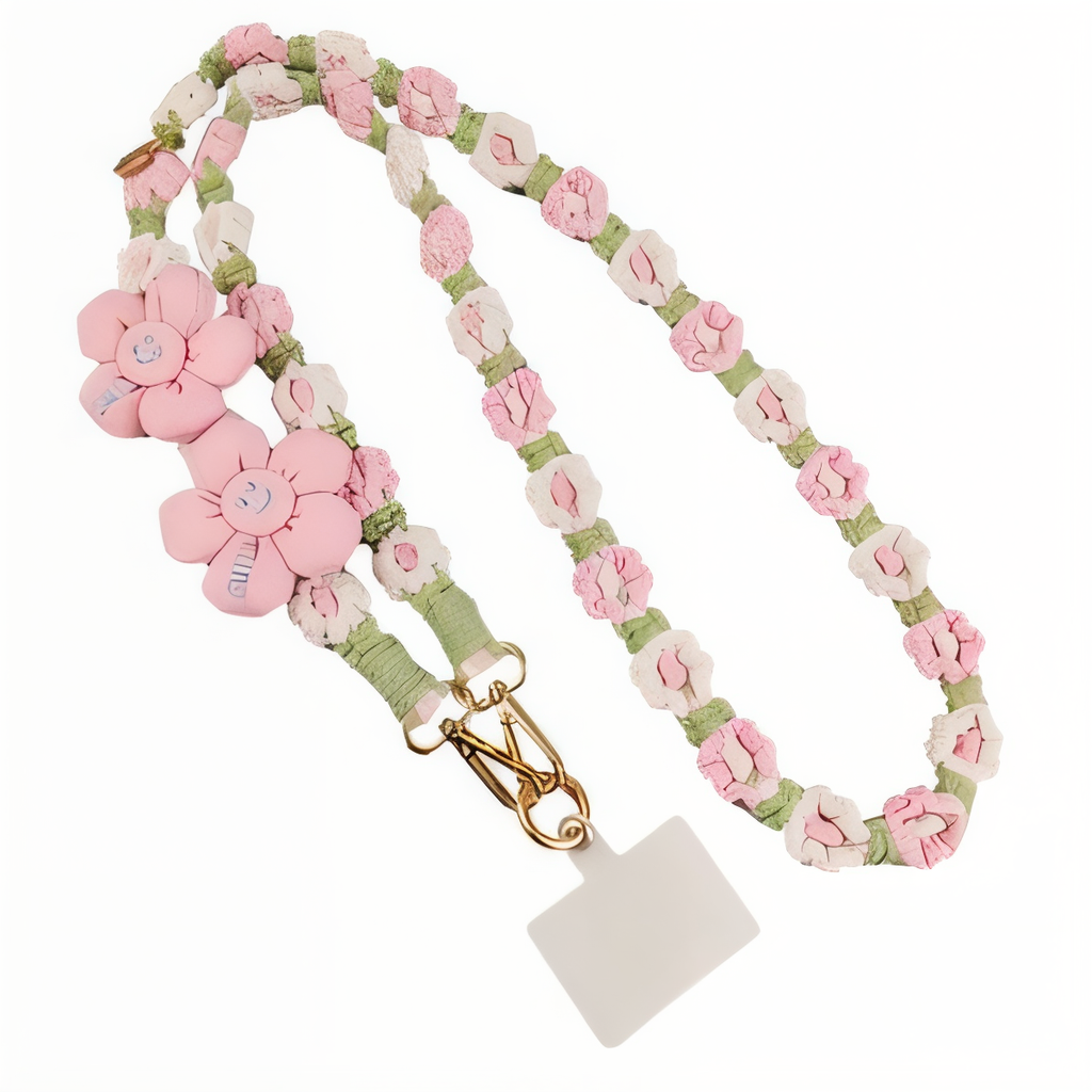 Handmade Woven Crossbody Mobile Strap with Smile Flower Charm & Metal Hook